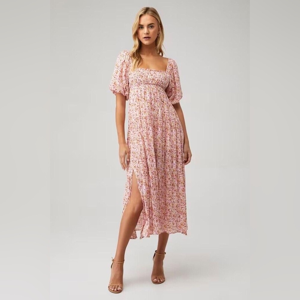 MINKPINK Delphine Floral Prairie Puff Sleeve Tie Back Square Neck Midi Dress - S